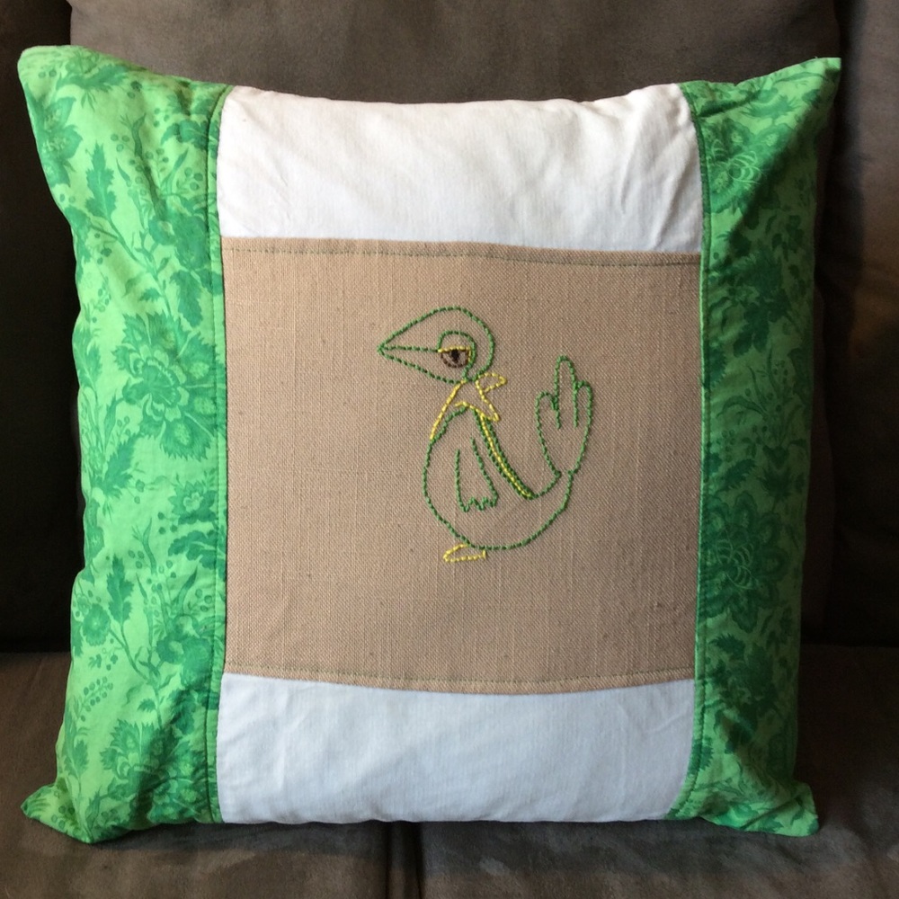 Handmade Pokemon character green Snivy embroidered floral pillow cover 17”